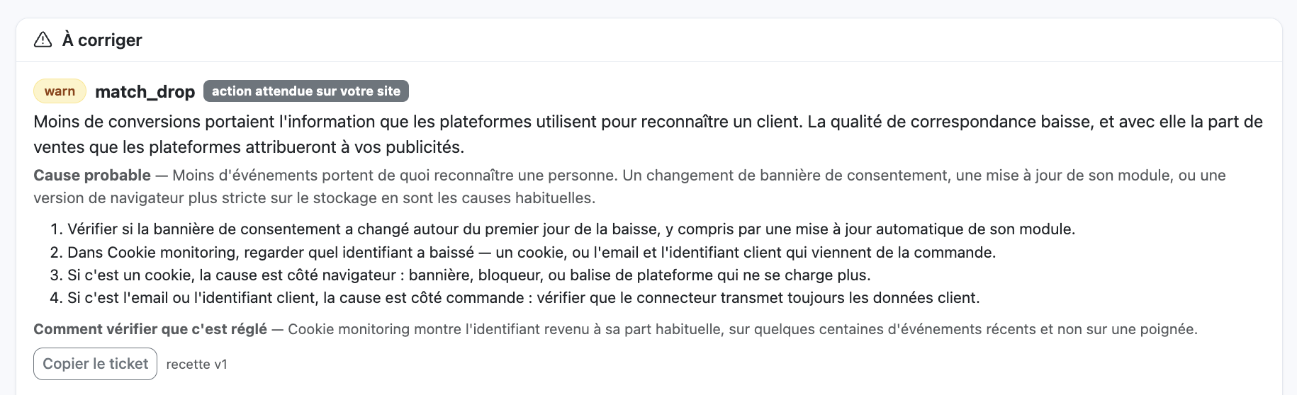 A 'to fix' panel: the match_drop anomaly explained in plain language, with its probable cause, a four-step fix recipe and a copy-ticket button