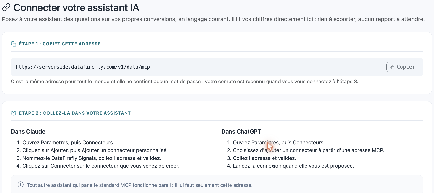 The 'connect your AI assistant' screen: step 1 shows the address to copy with its Copy button, step 2 sets out in two columns what to do in Claude and in ChatGPT