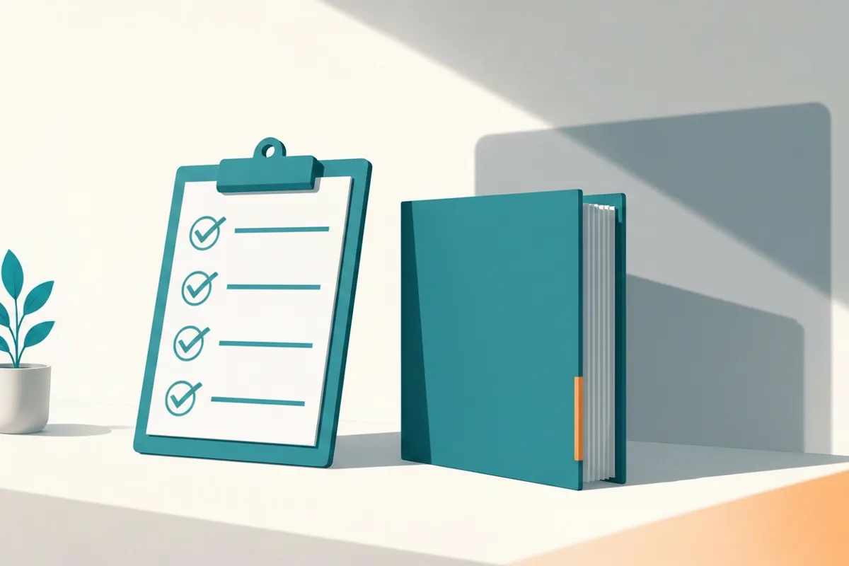 A clipboard with four steps ticked, next to a binder of evidence