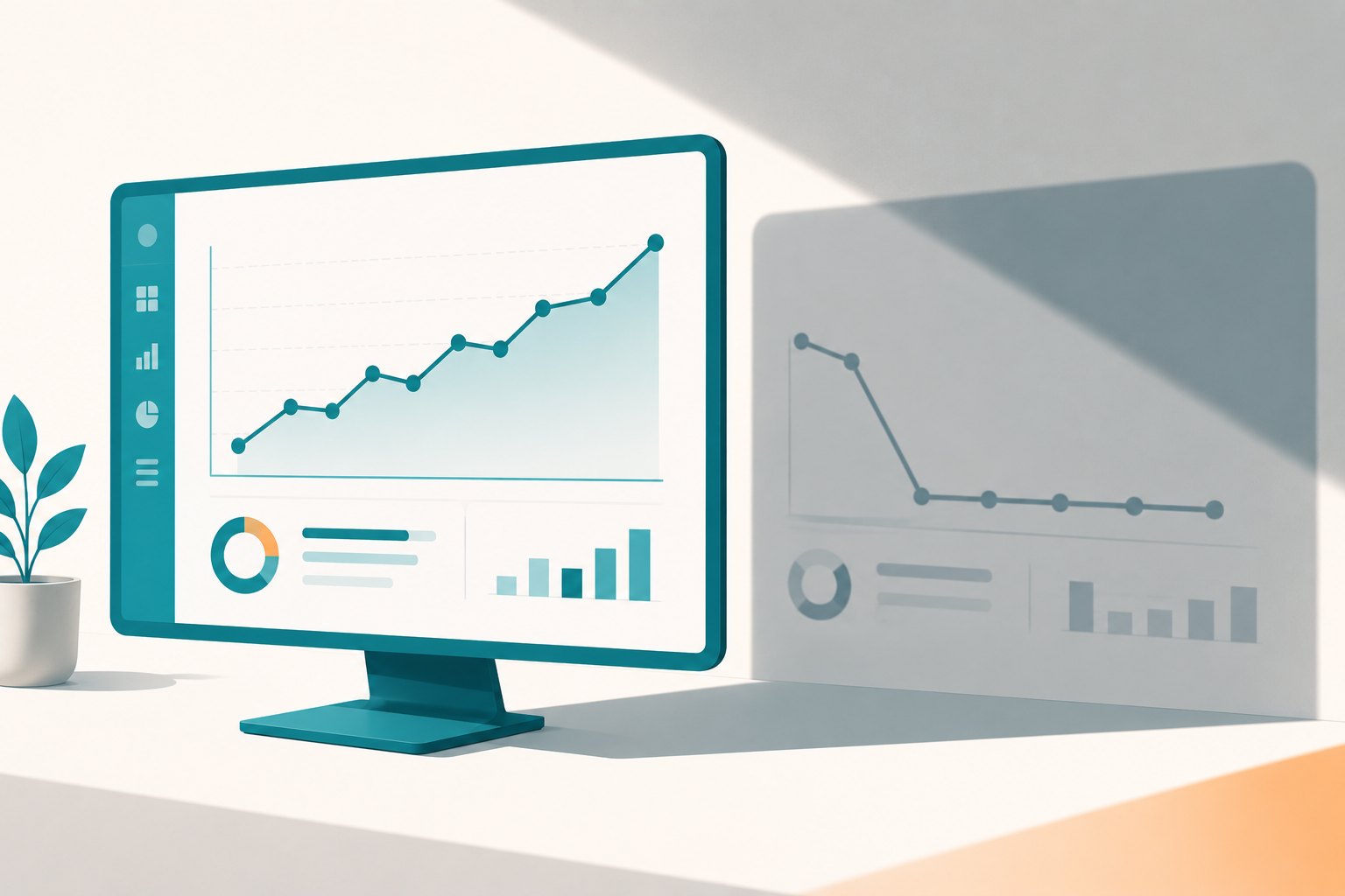 Un tableau de bord analytics affichant une courbe en hausse, dont l'ombre projetée révèle une courbe effondrée