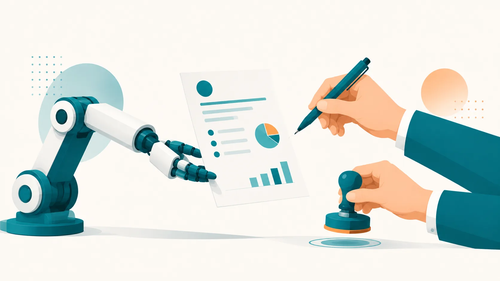 A robotic arm holds out a report full of charts, while two human hands hold the pen and the stamp that approve it