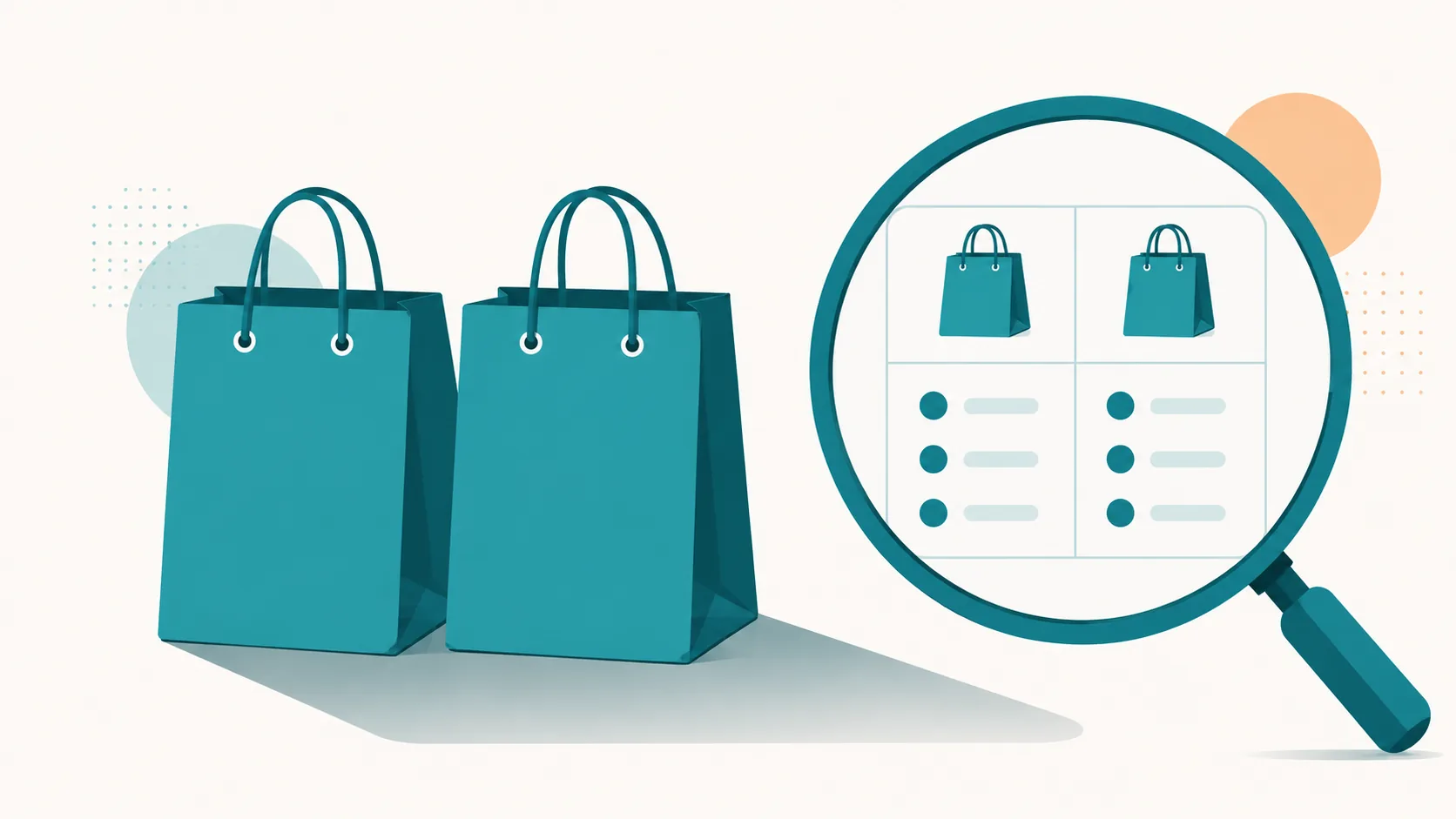 Two identical shopping bags casting a single shadow, and a magnifying glass enlarging a two-column comparison table