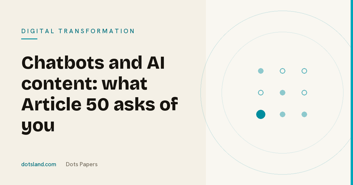Dots Papers cover for the article on AI Act Article 50: what it asks of an online shop's chatbot and AI-generated content