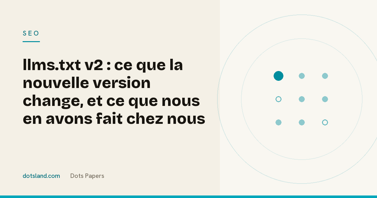 Couverture Dots Papers de l'article sur la version 2 de llms.txt, ce qu'elle change et ce que nous avons mesuré sur dotsland.com