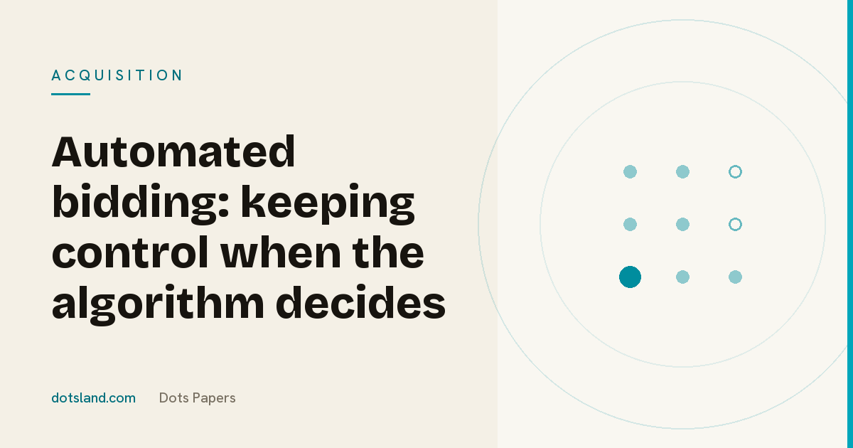 Dots Paper cover, Acquisition section: "Automated bidding: keeping control when the algorithm decides", on a cream background with the teal Dotsland grid.