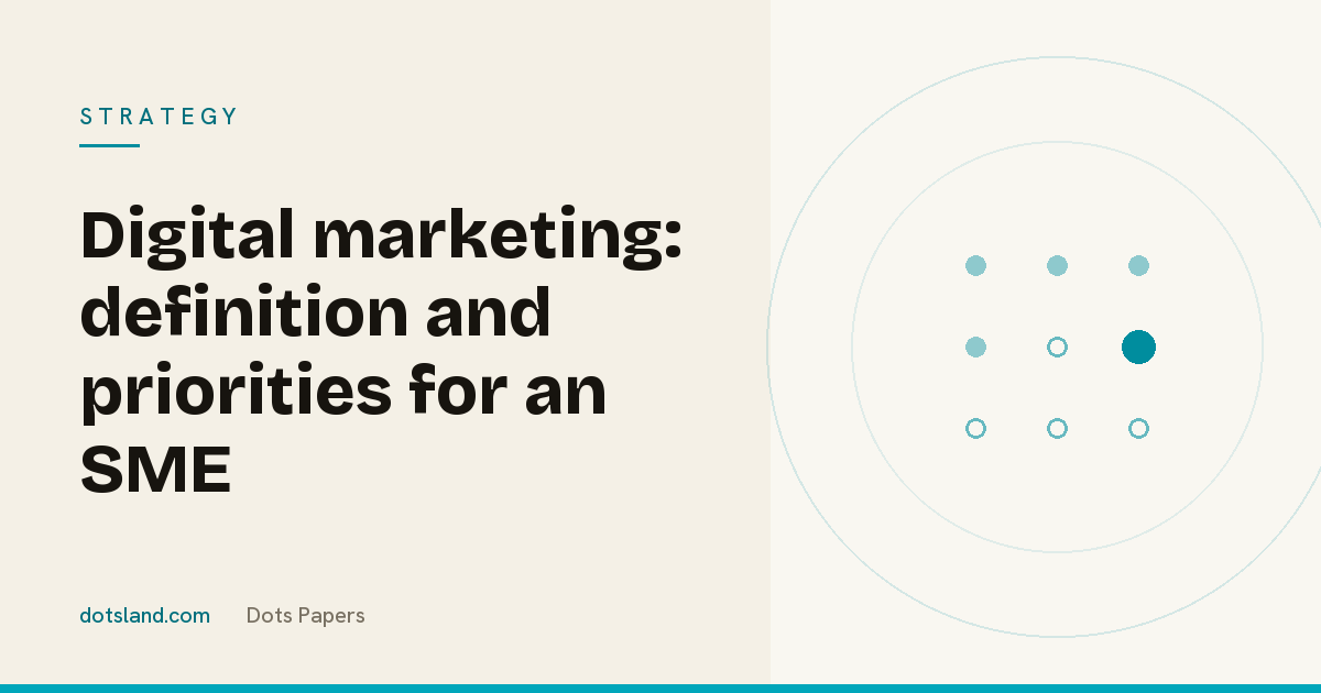 Dots Paper cover, Strategy section: "Digital marketing: definition and priorities for an SME", on a cream background with the teal Dotsland grid.